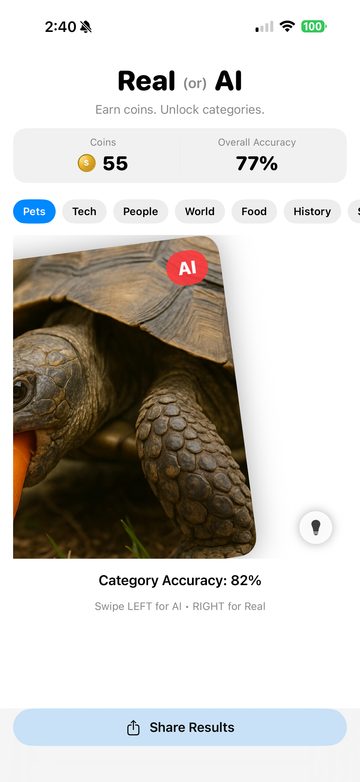 Real AI: Spot the Fake screenshot: a tortoise photo being swiped and labeled AI